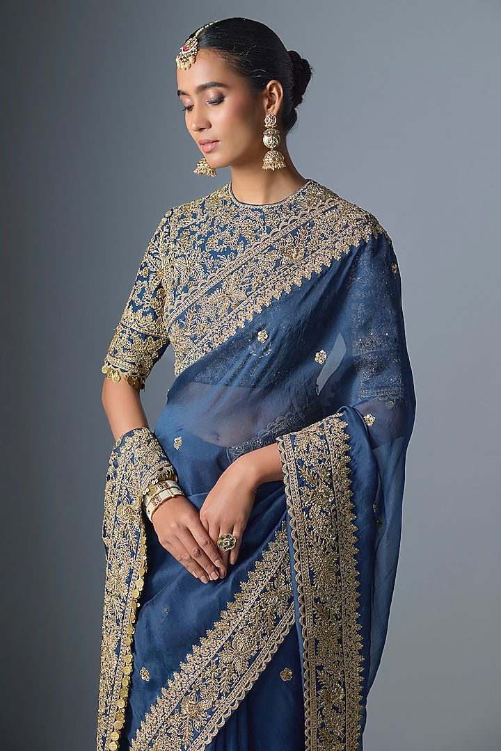 Blue Organza Zardosi Embroidered Reception Saree Set by Niti Bothra at Pernia's Pop Up Shop