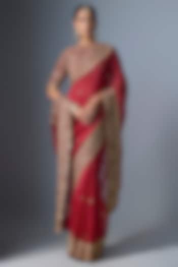 Maroon Organza Zardosi Embroidered Reception Saree Set by Niti Bothra at Pernia's Pop Up Shop