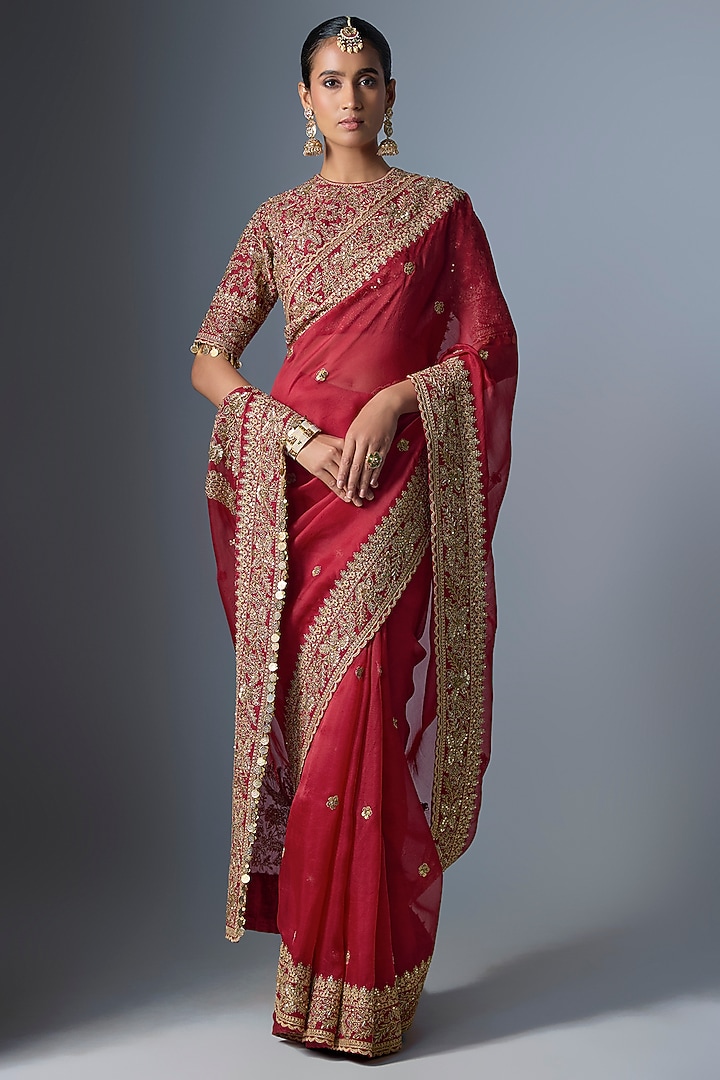 Maroon Organza Zardosi Embroidered Reception Saree Set by Niti Bothra at Pernia's Pop Up Shop