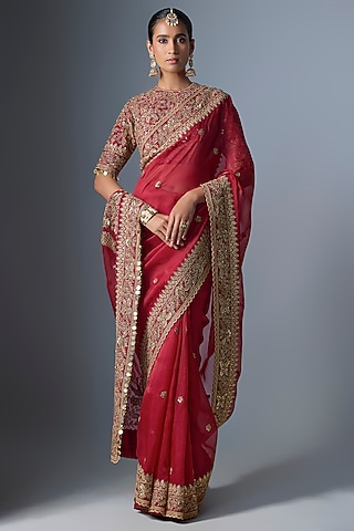 Maroon Organza Zardosi Embroidered Saree Set by Niti Bothra