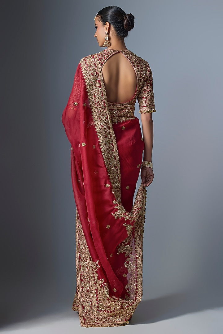 Maroon Organza Zardosi Embroidered Reception Saree Set by Niti Bothra at Pernia's Pop Up Shop