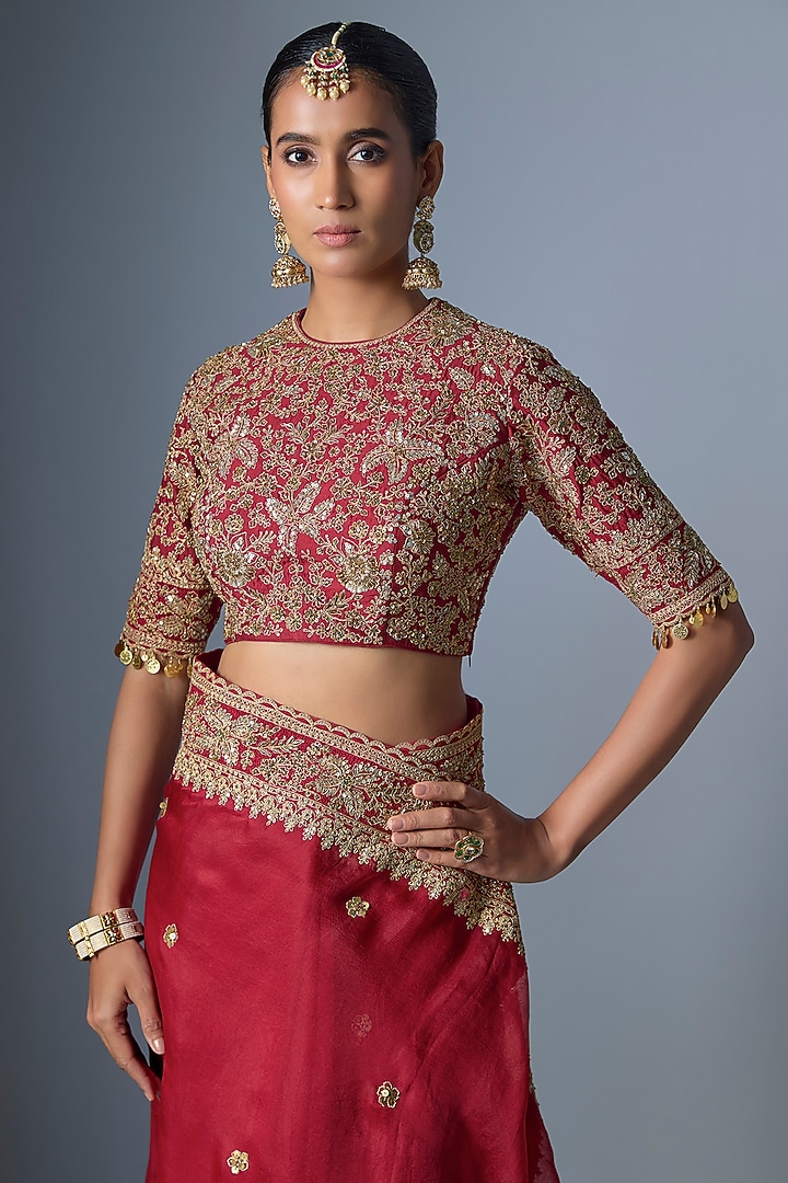 Maroon Organza Zardosi Embroidered Reception Saree Set by Niti Bothra at Pernia's Pop Up Shop