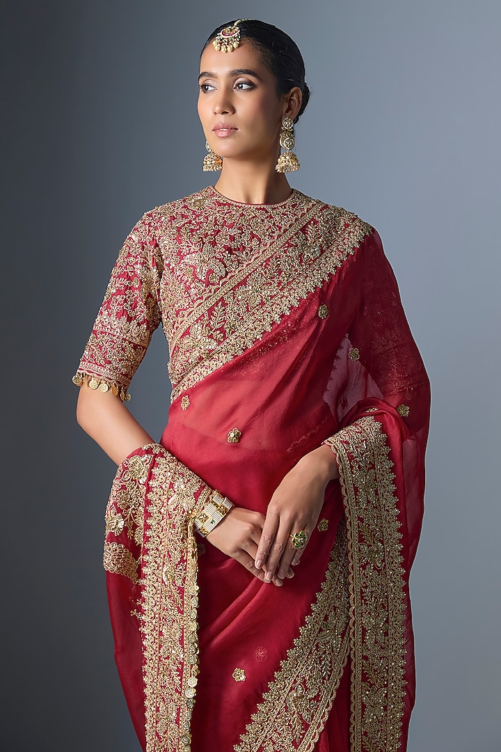 Maroon Organza Zardosi Embroidered Reception Saree Set by Niti Bothra at Pernia's Pop Up Shop