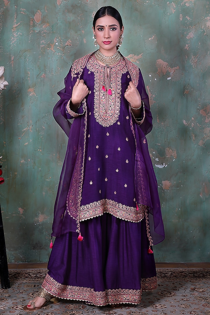 Violet Embroidered Wedding Sharara Set by Niti Bothra at Pernia's Pop Up Shop