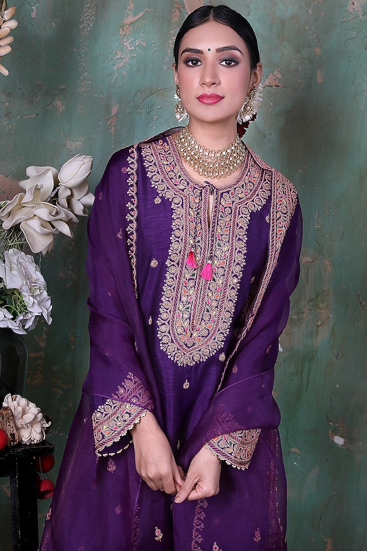 Violet Embroidered Wedding Sharara Set by Niti Bothra at Pernia's Pop Up Shop