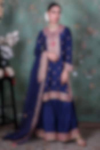 Blue Embroidered Sharara Set by Niti Bothra