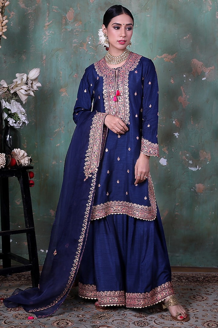 Blue Embroidered Sharara Set by Niti Bothra