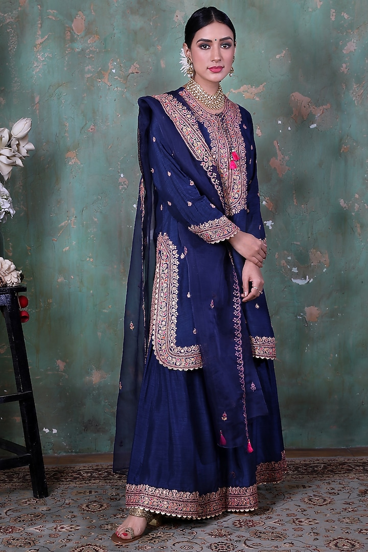 Blue Embroidered Wedding Sharara Set by Niti Bothra at Pernia's Pop Up Shop