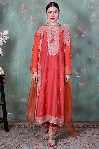 Orange Embroidered Kurta Set by Niti Bothra