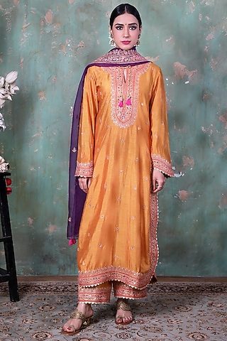 Yellow Embroidered Kurta Set by Niti Bothra