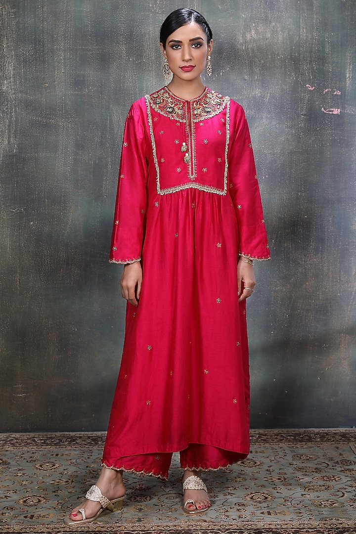 Pink Embroidered Gathered Kurta Set by Niti Bothra at Pernia's Pop Up Shop