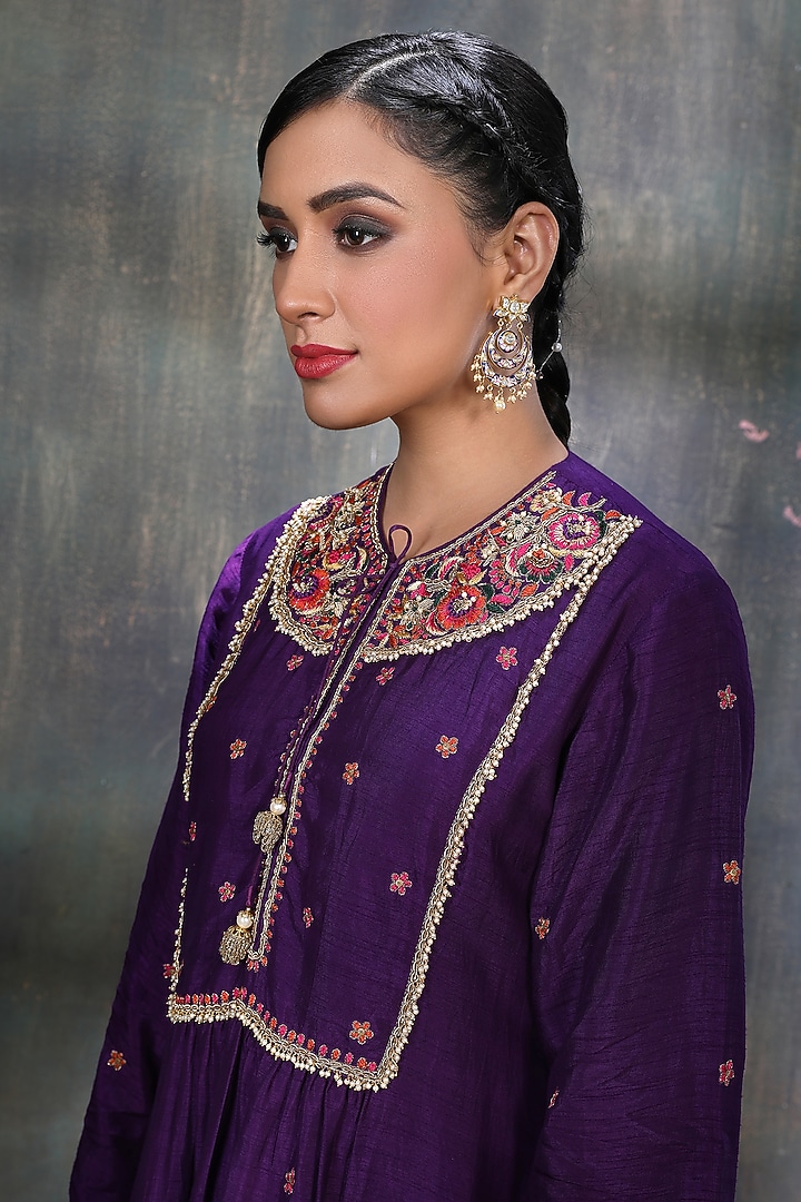 Violet Embroidered Gathered Kurta Set by Niti Bothra at Pernia's Pop Up Shop