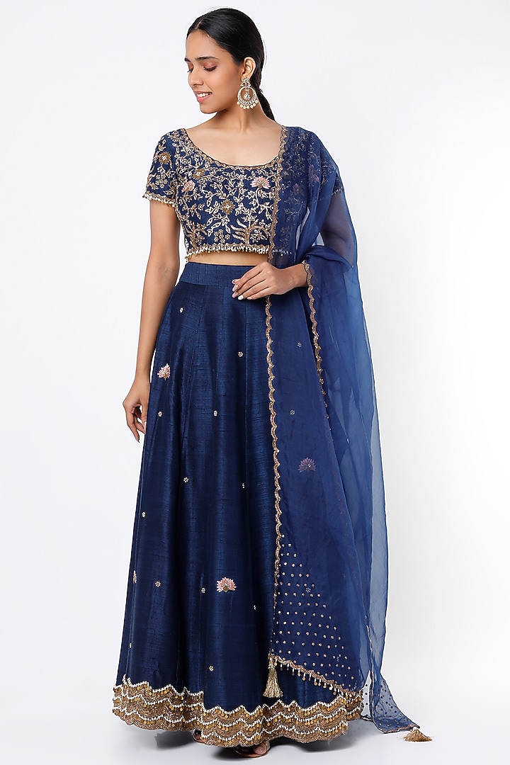 Deep Blue Embroidered Wedding Lehenga Set by Niti Bothra at Pernia's Pop Up Shop
