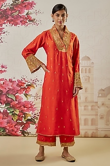 Orange Silk Zari Embroidered Kurta Set by Niti Bothra-POPULAR PRODUCTS AT STORE