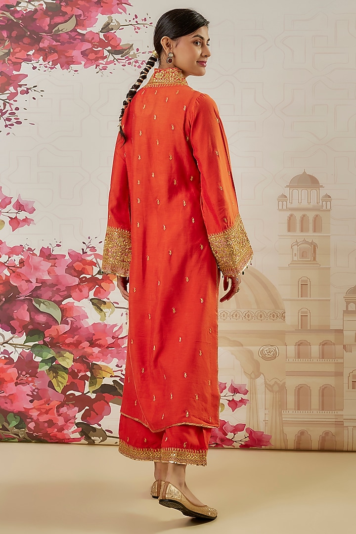 Orange Silk Zari Embroidered Kurta Set by Niti Bothra at Pernia's Pop Up Shop