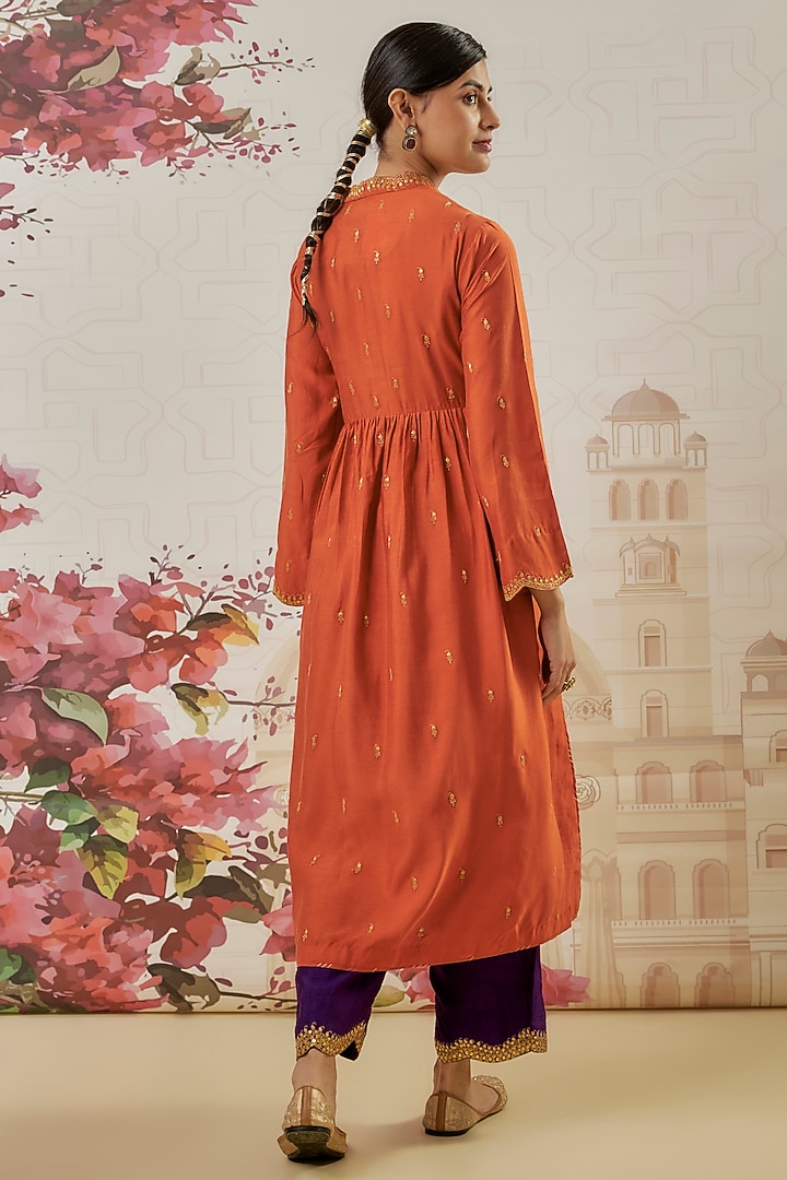 Orange Silk Zari Embroidered Kurta Set by Niti Bothra at Pernia's Pop Up Shop