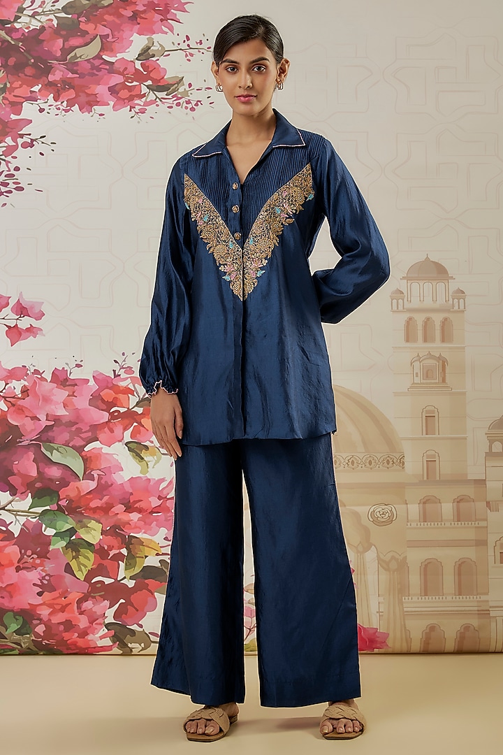 Blue Silk Zardosi Embroidered Co-Ord Set by Niti Bothra at Pernia's Pop Up Shop