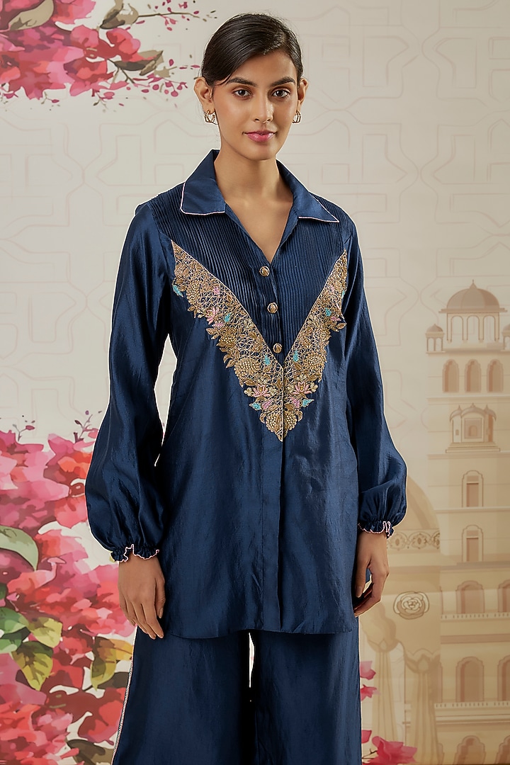 Blue Silk Zardosi Embroidered Co-Ord Set by Niti Bothra at Pernia's Pop Up Shop