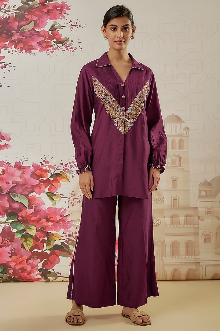 Wine Silk Zardosi Embroidered Co-Ord Set by Niti Bothra at Pernia's Pop Up Shop