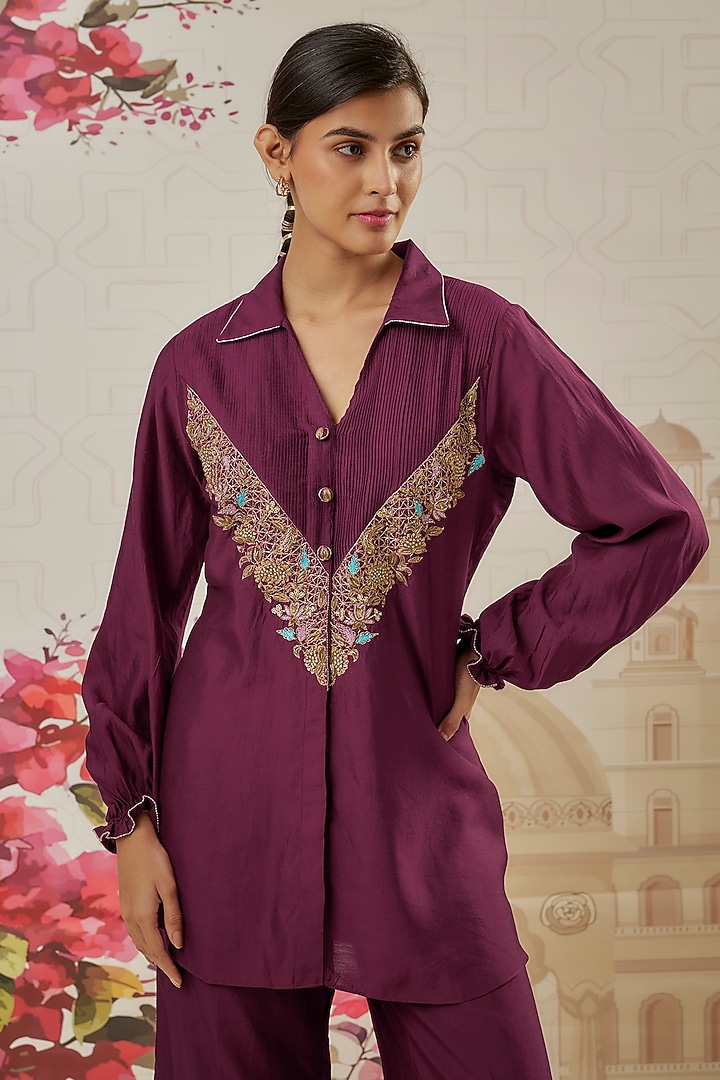 Wine Silk Zardosi Embroidered Co-Ord Set by Niti Bothra at Pernia's Pop Up Shop