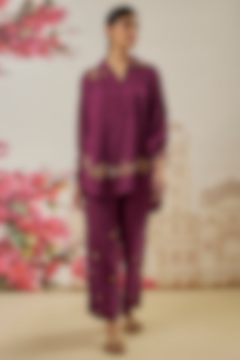 Wine Silk Zardosi Embroidered Co-Ord Set by Niti Bothra at Pernia's Pop Up Shop