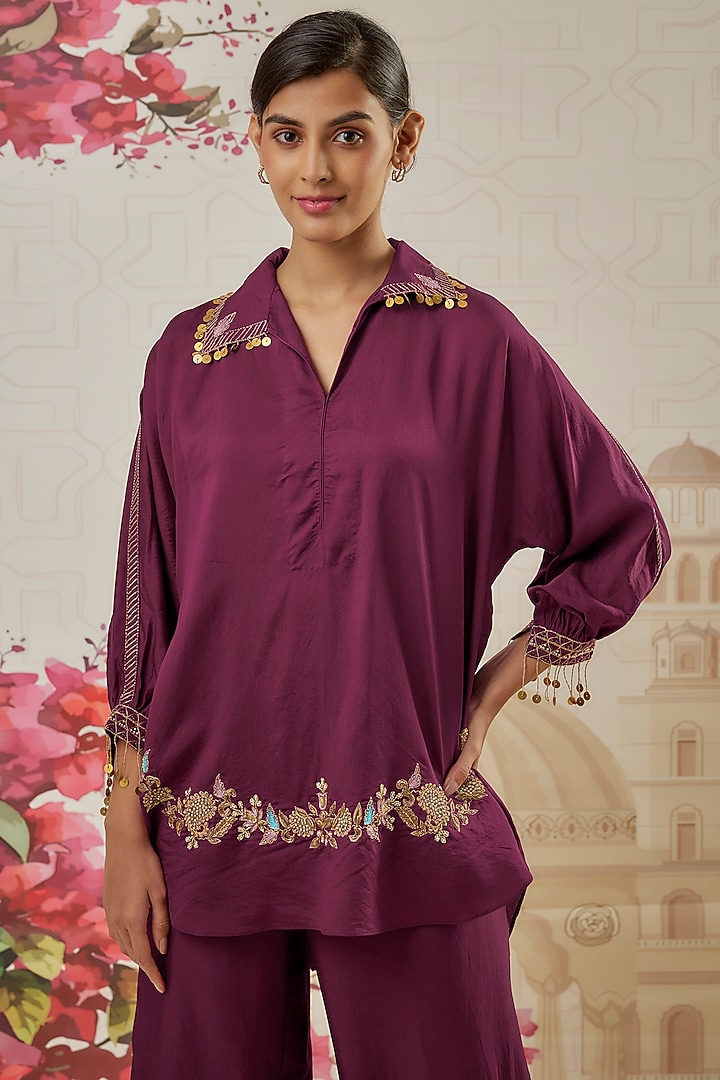 Wine Silk Zardosi Embroidered Co-Ord Set by Niti Bothra at Pernia's Pop Up Shop