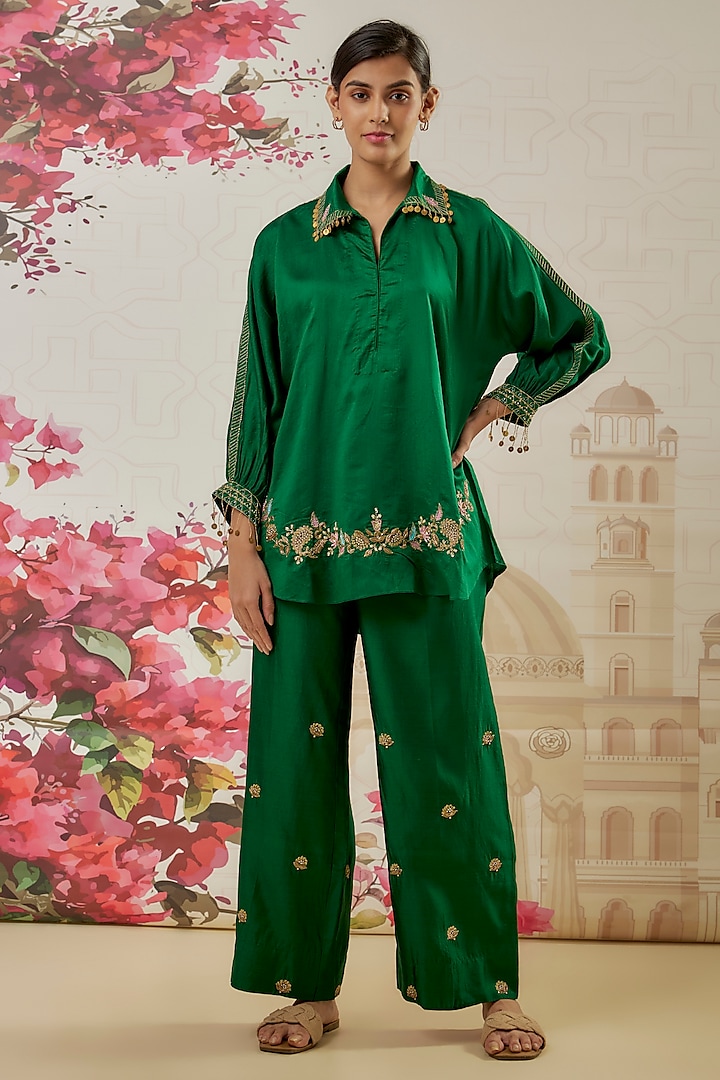 Green Silk Zardosi Embroidered Co-Ord Set by Niti Bothra at Pernia's Pop Up Shop