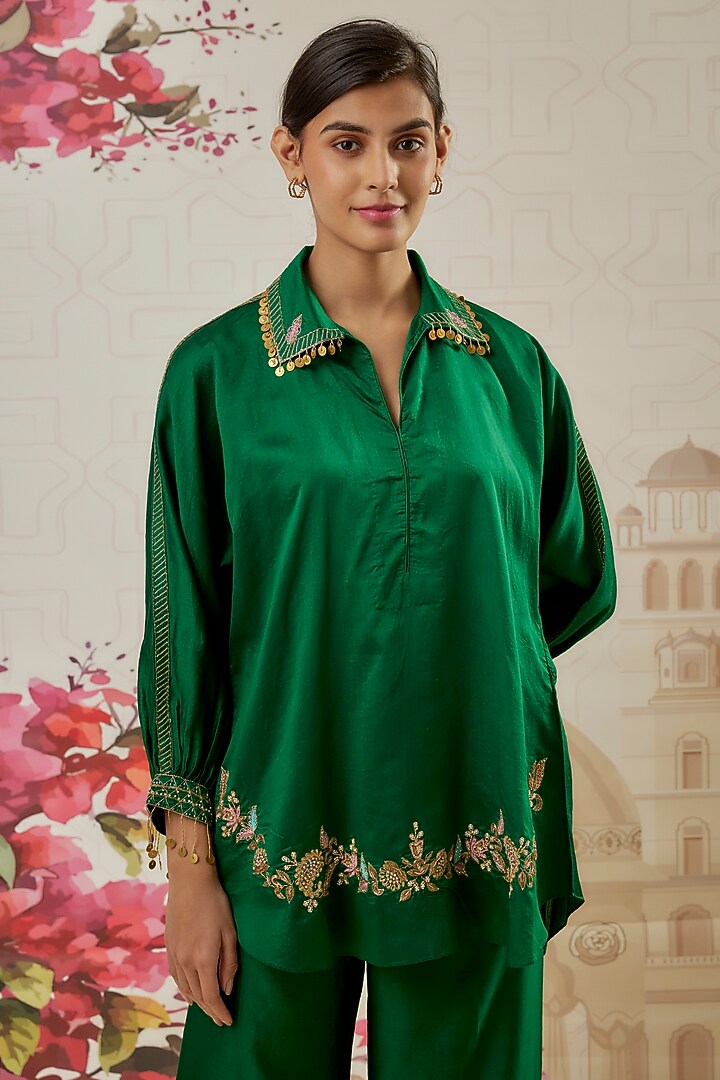 Green Silk Zardosi Embroidered Co-Ord Set by Niti Bothra at Pernia's Pop Up Shop