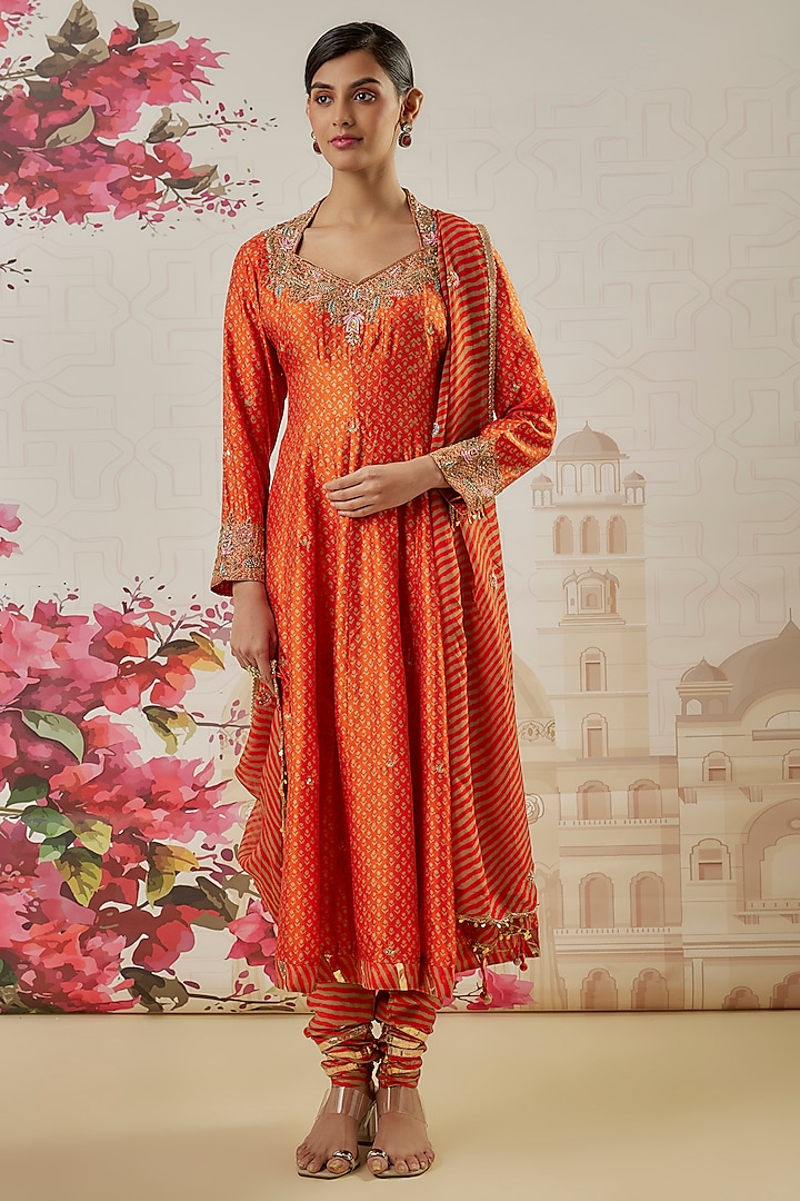 Orange Silk Blend Printed & Pearl Hand Embroidered Kalidar Anarkali Set by Niti Bothra at Pernia's Pop Up Shop