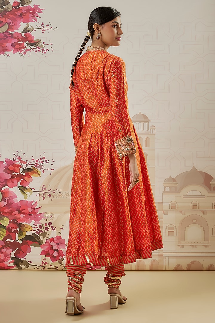 Orange Silk Blend Printed & Pearl Hand Embroidered Kalidar Wedding Anarkali Set by Niti Bothra at Pernia's Pop Up Shop
