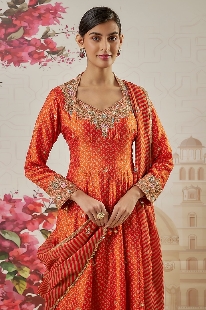 Orange Silk Blend Printed & Pearl Hand Embroidered Kalidar Wedding Anarkali Set by Niti Bothra at Pernia's Pop Up Shop