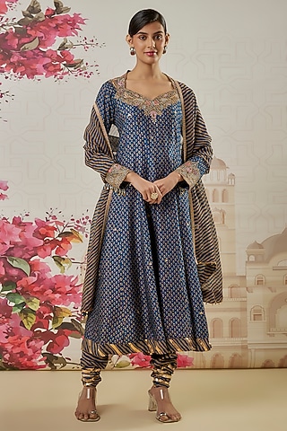 Blue Silk Blend Printed & Pearl Hand Embroidered Kalidar Anarkali Set by Niti Bothra