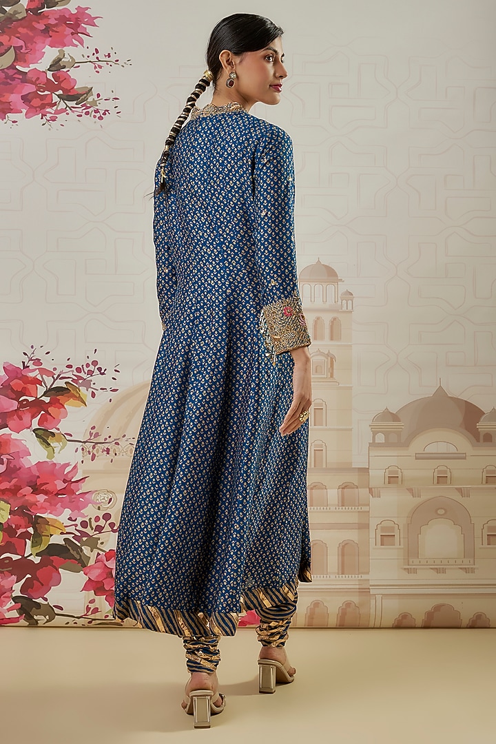 Blue Silk Blend Printed & Pearl Hand Embroidered Kalidar Wedding Anarkali Set by Niti Bothra at Pernia's Pop Up Shop