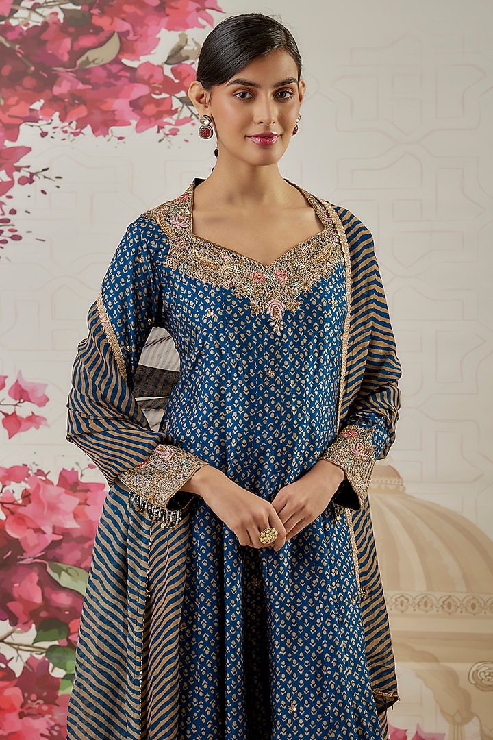 Blue Silk Blend Printed & Pearl Hand Embroidered Kalidar Wedding Anarkali Set by Niti Bothra at Pernia's Pop Up Shop
