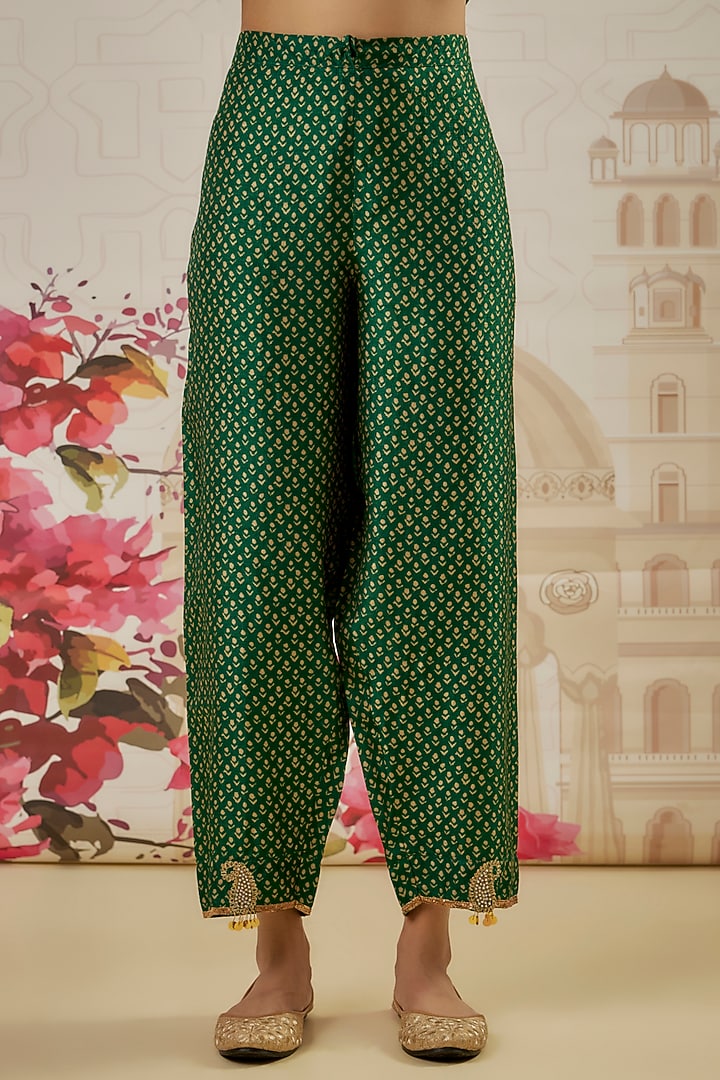 Green Silk Blend Printed & Pearl Hand Embroidered Kalidar Kurta Set by Niti Bothra at Pernia's Pop Up Shop