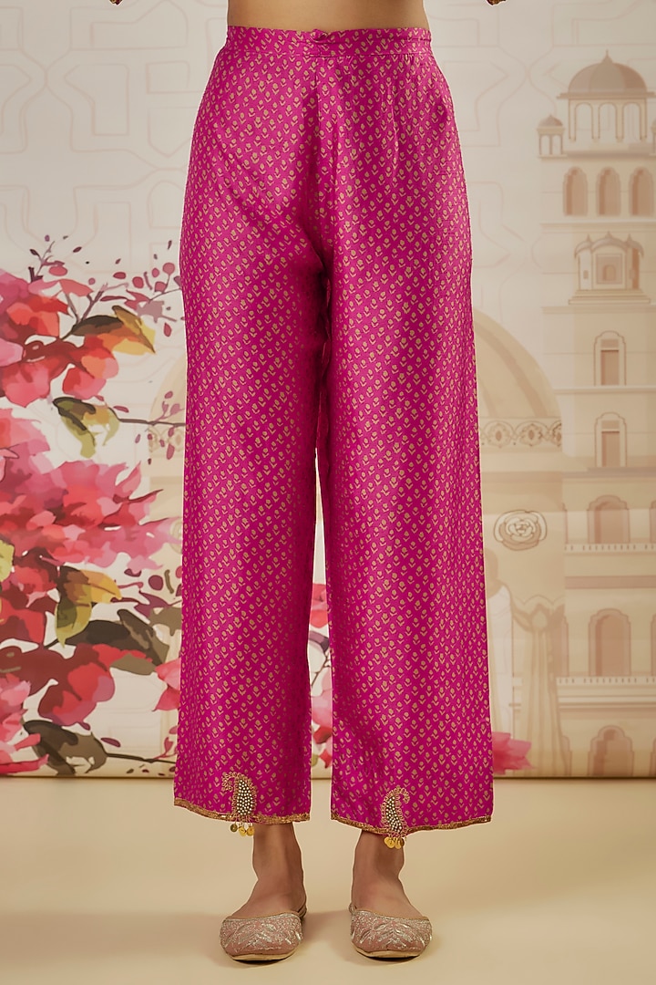Pink Silk Blend Printed & Pearl Hand Embroidered Kalidar Kurta Set by Niti Bothra at Pernia's Pop Up Shop