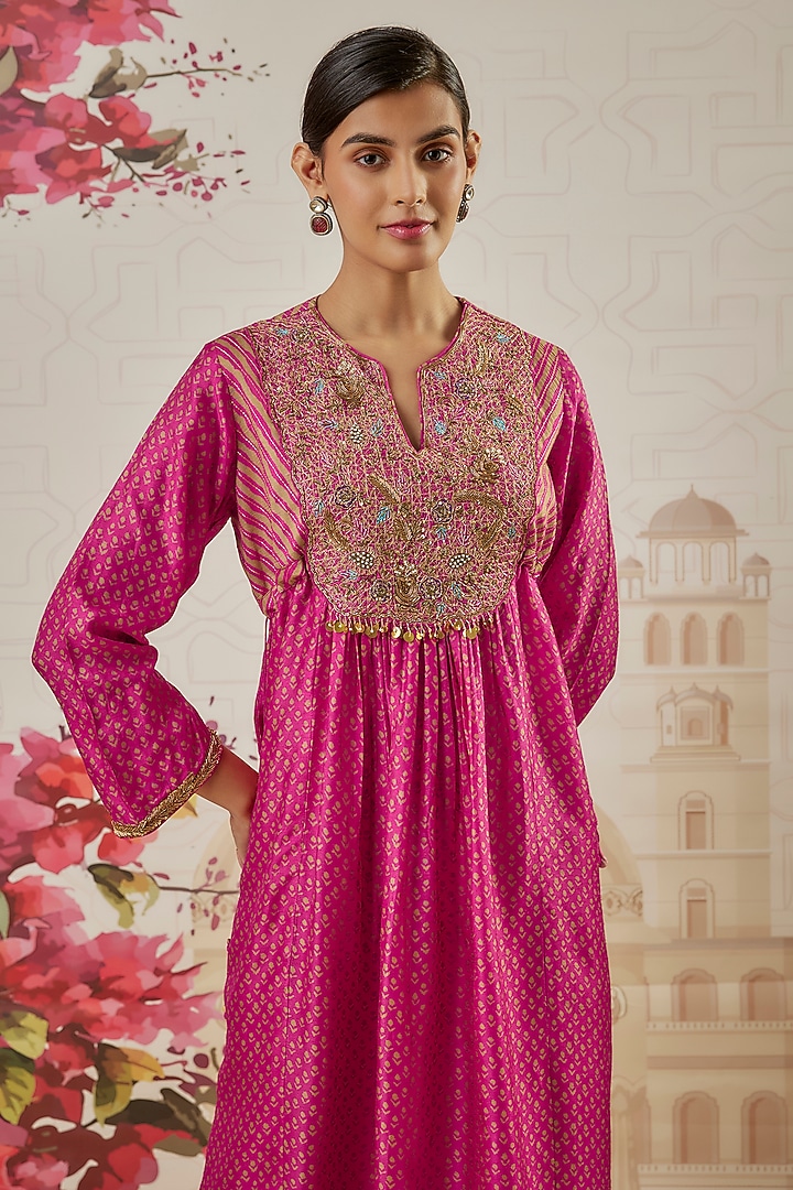 Pink Silk Blend Printed & Pearl Hand Embroidered Kalidar Kurta Set by Niti Bothra at Pernia's Pop Up Shop
