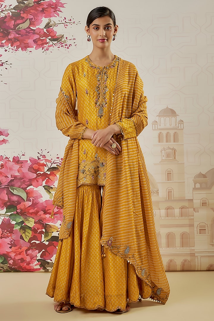 Yellow Silk Blend Printed Sharara Set by Niti Bothra at Pernia's Pop Up Shop