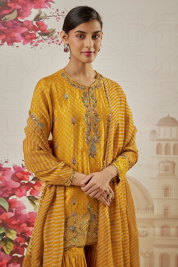 Yellow Silk Blend Printed Wedding Sharara Set by Niti Bothra at Pernia's Pop Up Shop