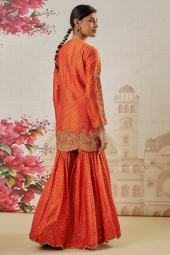 Orange Silk Blend Printed Wedding Sharara Set by Niti Bothra at Pernia's Pop Up Shop