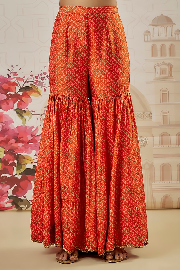 Orange Silk Blend Printed Wedding Sharara Set by Niti Bothra at Pernia's Pop Up Shop