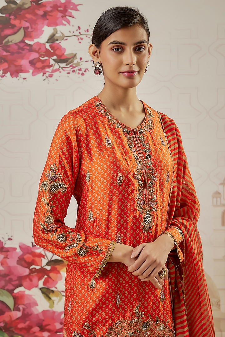 Orange Silk Blend Printed Wedding Sharara Set by Niti Bothra at Pernia's Pop Up Shop