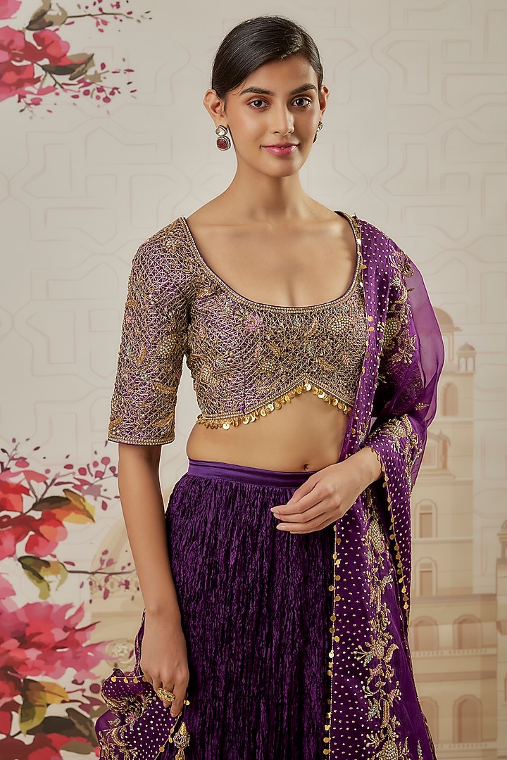 Purple Crushed Silk Bridal Lehenga Set by Niti Bothra at Pernia's Pop Up Shop