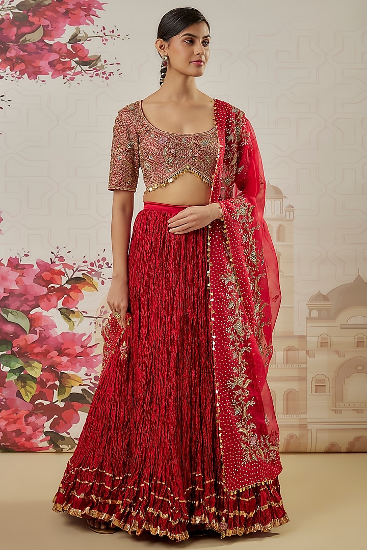 Maroon Crushed Silk Bridal Lehenga Set by Niti Bothra at Pernia's Pop Up Shop