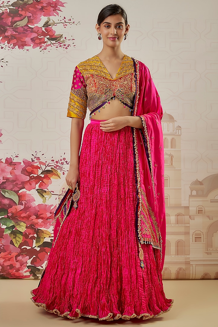 Pink Crushed Silk Wedding Lehenga Set by Niti Bothra at Pernia's Pop Up Shop