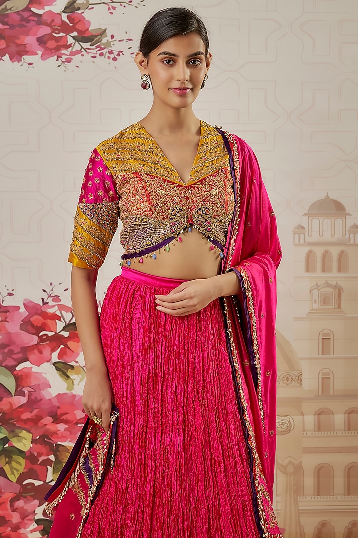 Pink Crushed Silk Wedding Lehenga Set by Niti Bothra at Pernia's Pop Up Shop