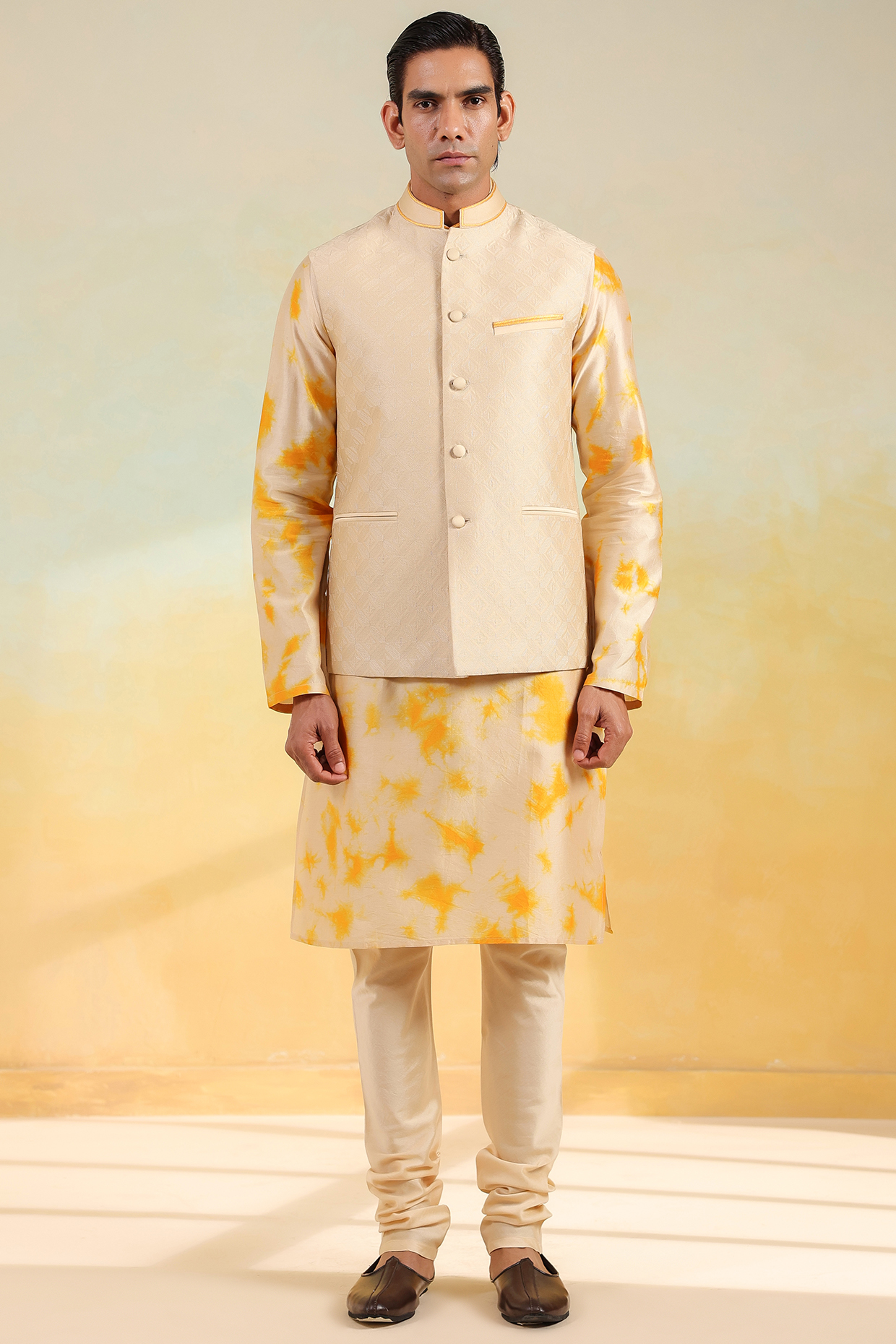 Beige Chanderi Silk Textured Bundi Jacket Set by Niti Bothra Men