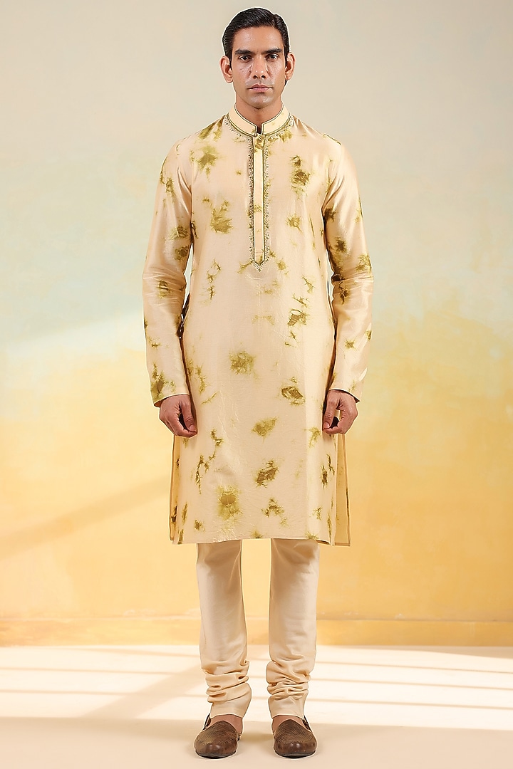 Beige & Olive Green Silk Chanderi Shibori Printed & Thread Embroidered Kurta Set by Niti Bothra Men at Pernia's Pop Up Shop