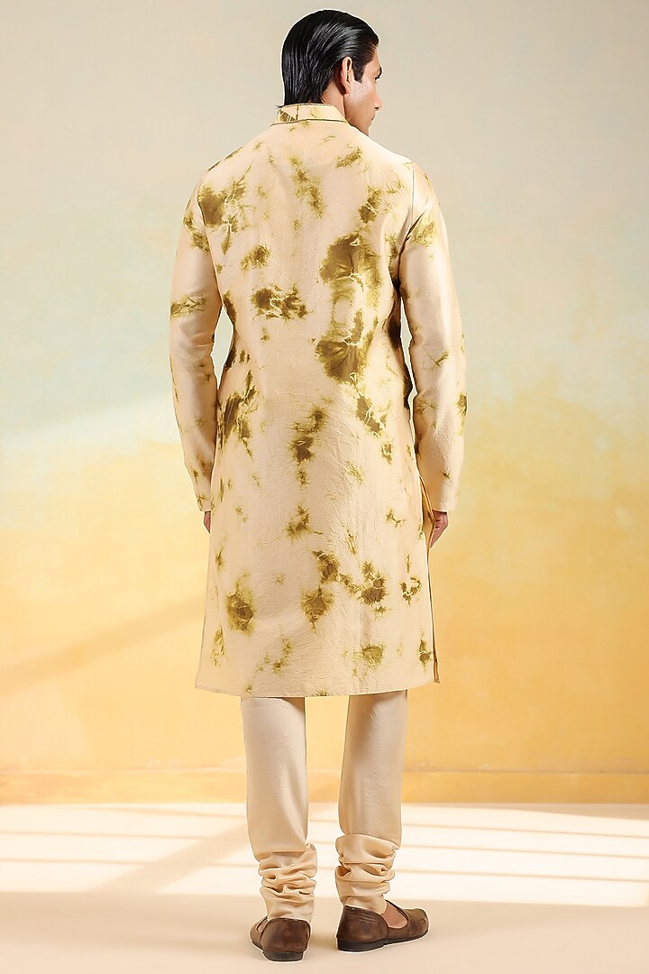 Beige & Olive Green Silk Chanderi Shibori Printed & Thread Embroidered Kurta Set by Niti Bothra Men at Pernia's Pop Up Shop