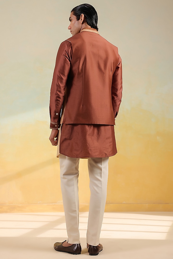 Brown & Beige Silk Chanderi Hand-Dyed Ombre Bundi Jacket Set by Niti Bothra Men at Pernia's Pop Up Shop